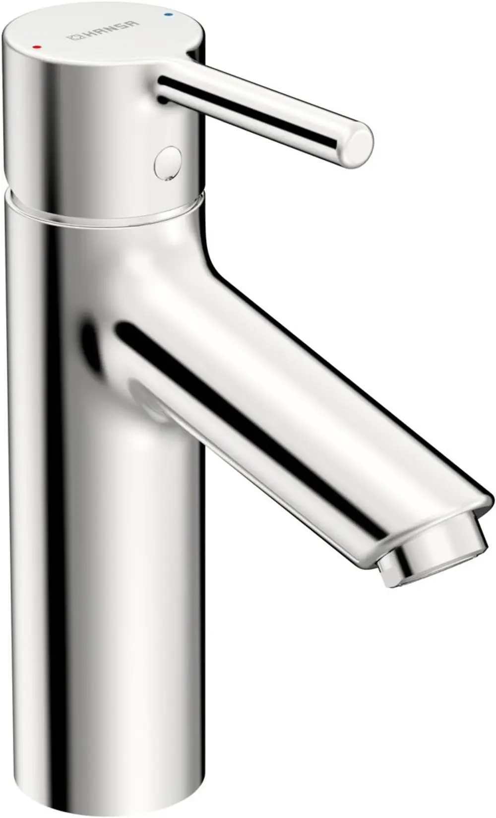 Waschtischarmatur in Chrom mit einem Pinhebel. Das Design ist modern und funktional, hergestellt von HANSA. Der Auslauf hat eine gerade Form.